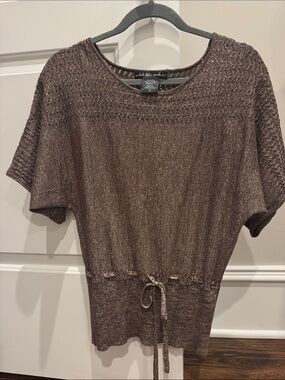 united states sweaters Brown Metallic Drawstring Short Sleeve Knit Top